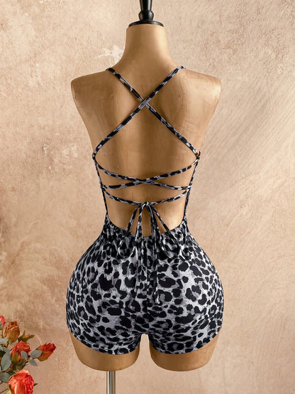 Soleia Gray Summer Boho Holiday Vacation Holiday Women's Leopard Print Spaghetti Strap Tie-Up Slit Neck Jumpsuit,Beach Wedding Guest Graduation Outfits