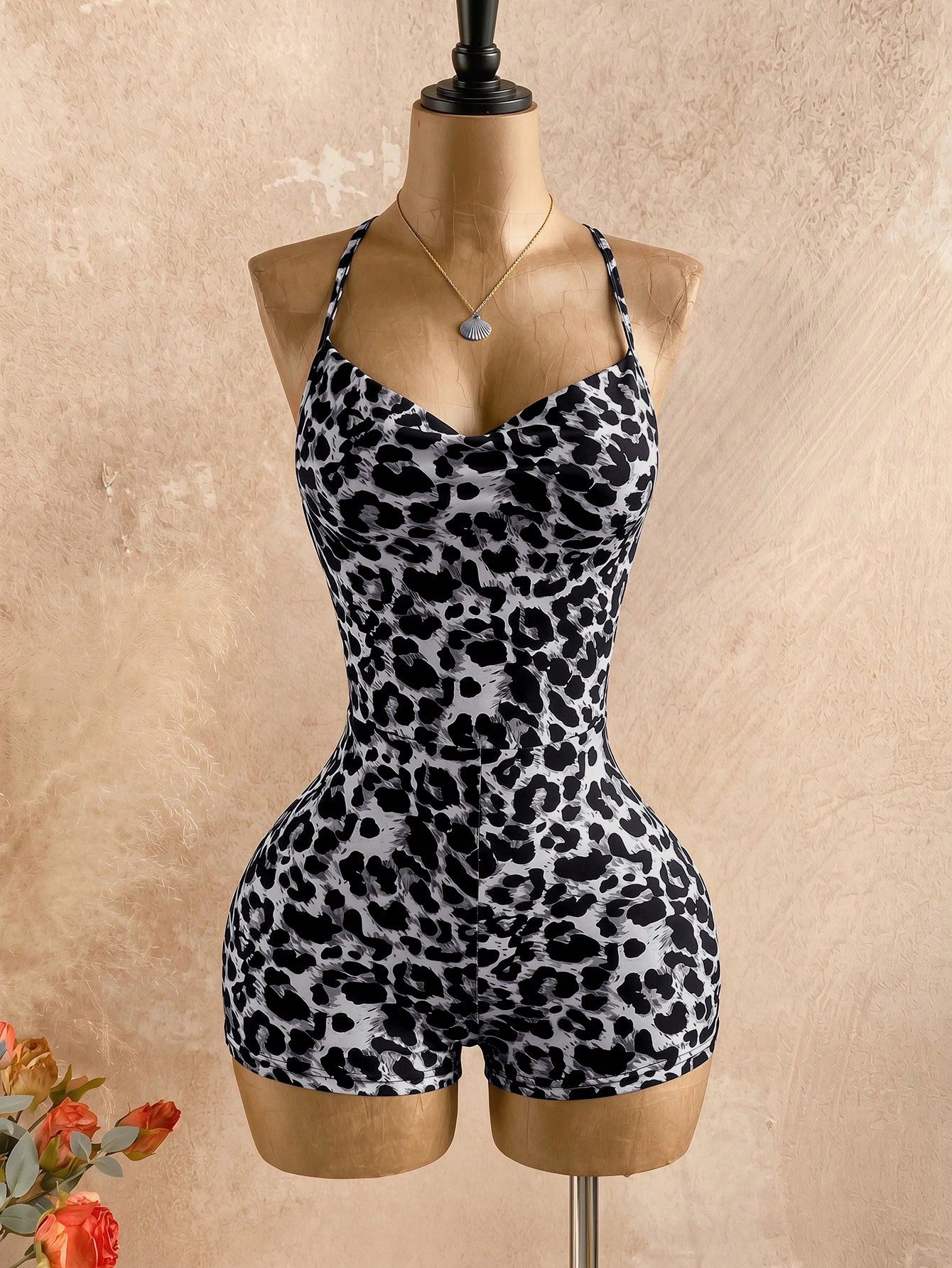 Soleia Gray Summer Boho Holiday Vacation Holiday Women's Leopard Print Spaghetti Strap Tie-Up Slit Neck Jumpsuit,Beach Wedding Guest Graduation Outfits