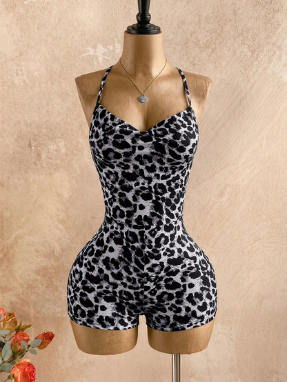 Soleia Gray Summer Boho Holiday Vacation Holiday Women's Leopard Print Spaghetti Strap Tie-Up Slit Neck Jumpsuit,Beach Wedding Guest Graduation Outfits