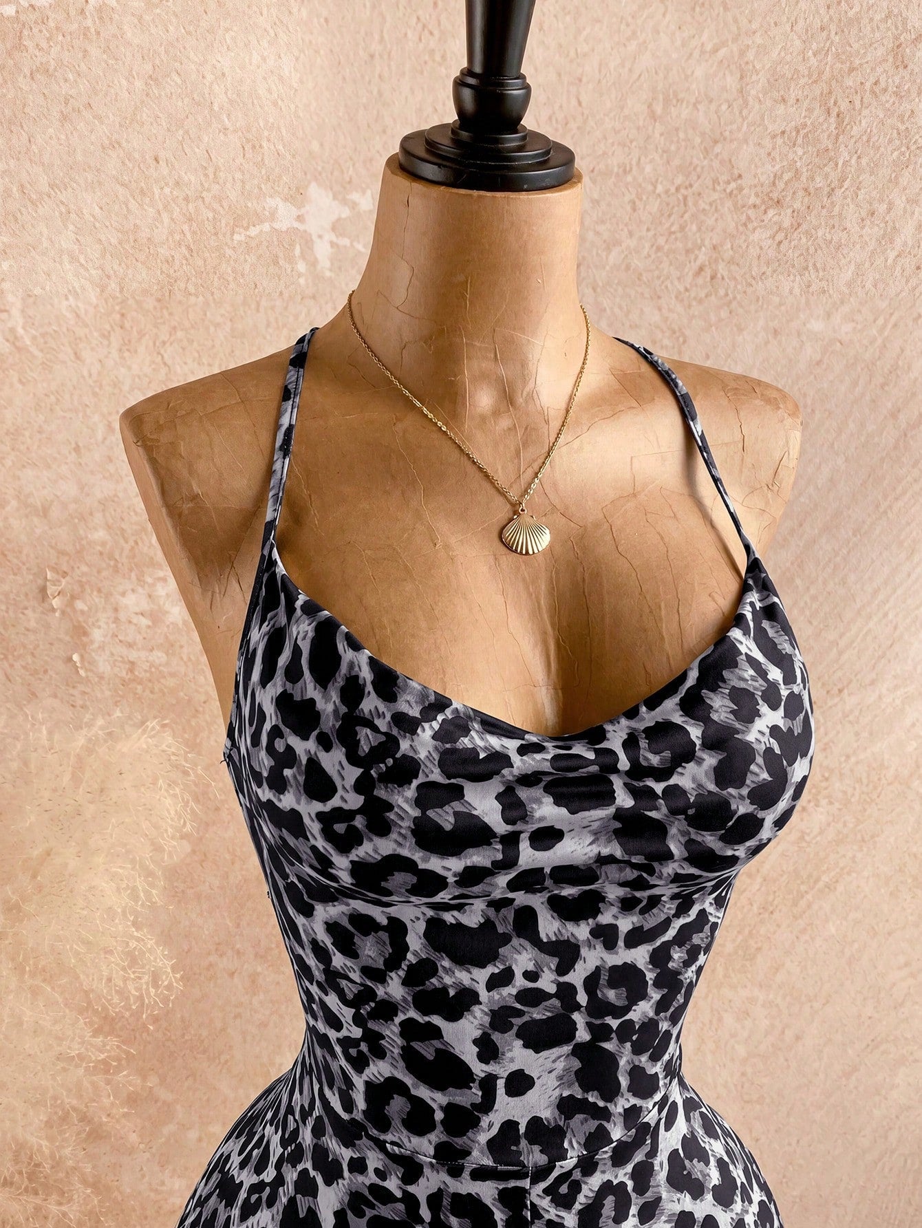 Soleia Gray Summer Boho Holiday Vacation Holiday Women's Leopard Print Spaghetti Strap Tie-Up Slit Neck Jumpsuit,Beach Wedding Guest Graduation Outfits