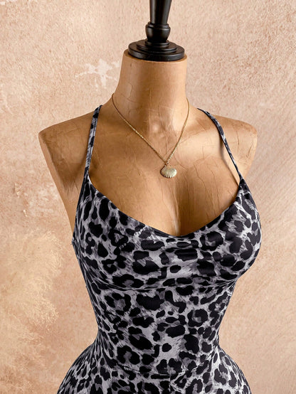 Soleia Gray Summer Boho Holiday Vacation Holiday Women's Leopard Print Spaghetti Strap Tie-Up Slit Neck Jumpsuit,Beach Wedding Guest Graduation Outfits