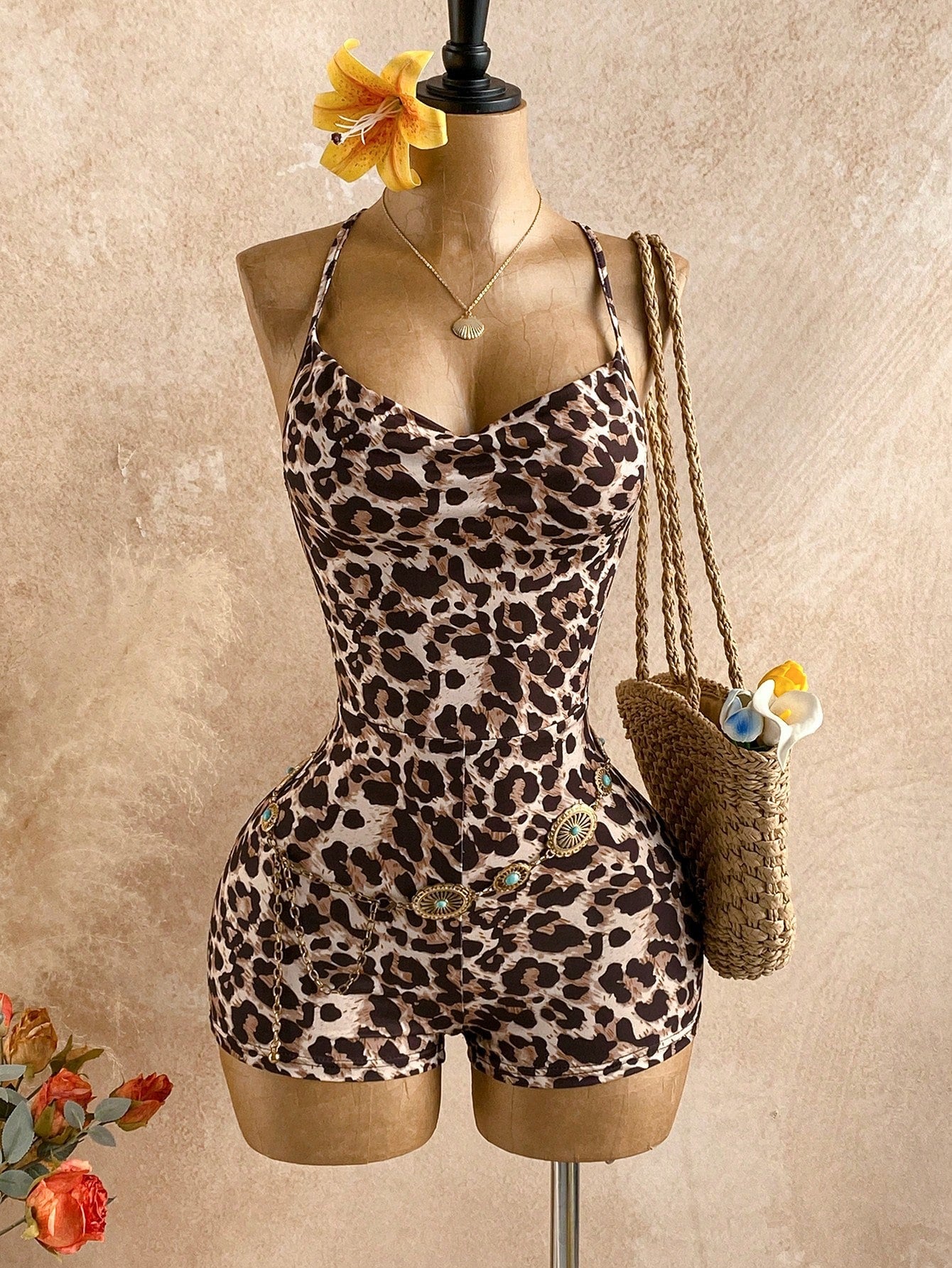 Soleia Gray Summer Boho Holiday Vacation Holiday Women's Leopard Print Spaghetti Strap Tie-Up Slit Neck Jumpsuit,Beach Wedding Guest Graduation Outfits