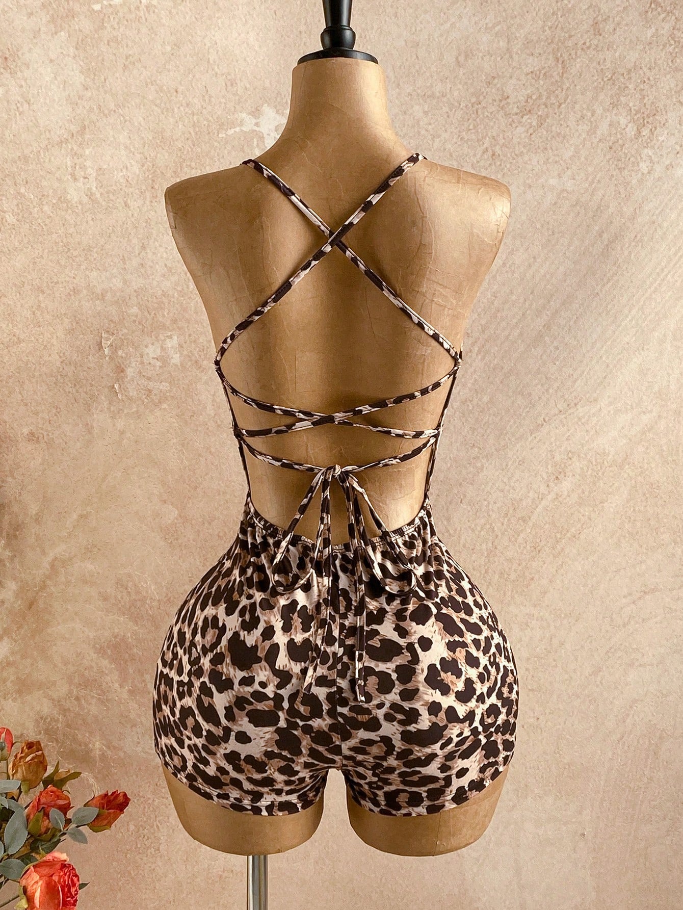 Soleia Gray Summer Boho Holiday Vacation Holiday Women's Leopard Print Spaghetti Strap Tie-Up Slit Neck Jumpsuit,Beach Wedding Guest Graduation Outfits