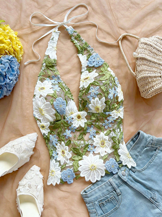 Soleia Green Floral Embroidered V-Neck Backless Tie Strap Camisole, Beach Vacation Holiday Women Vintage Nightclubs Clothes No Chest Padding