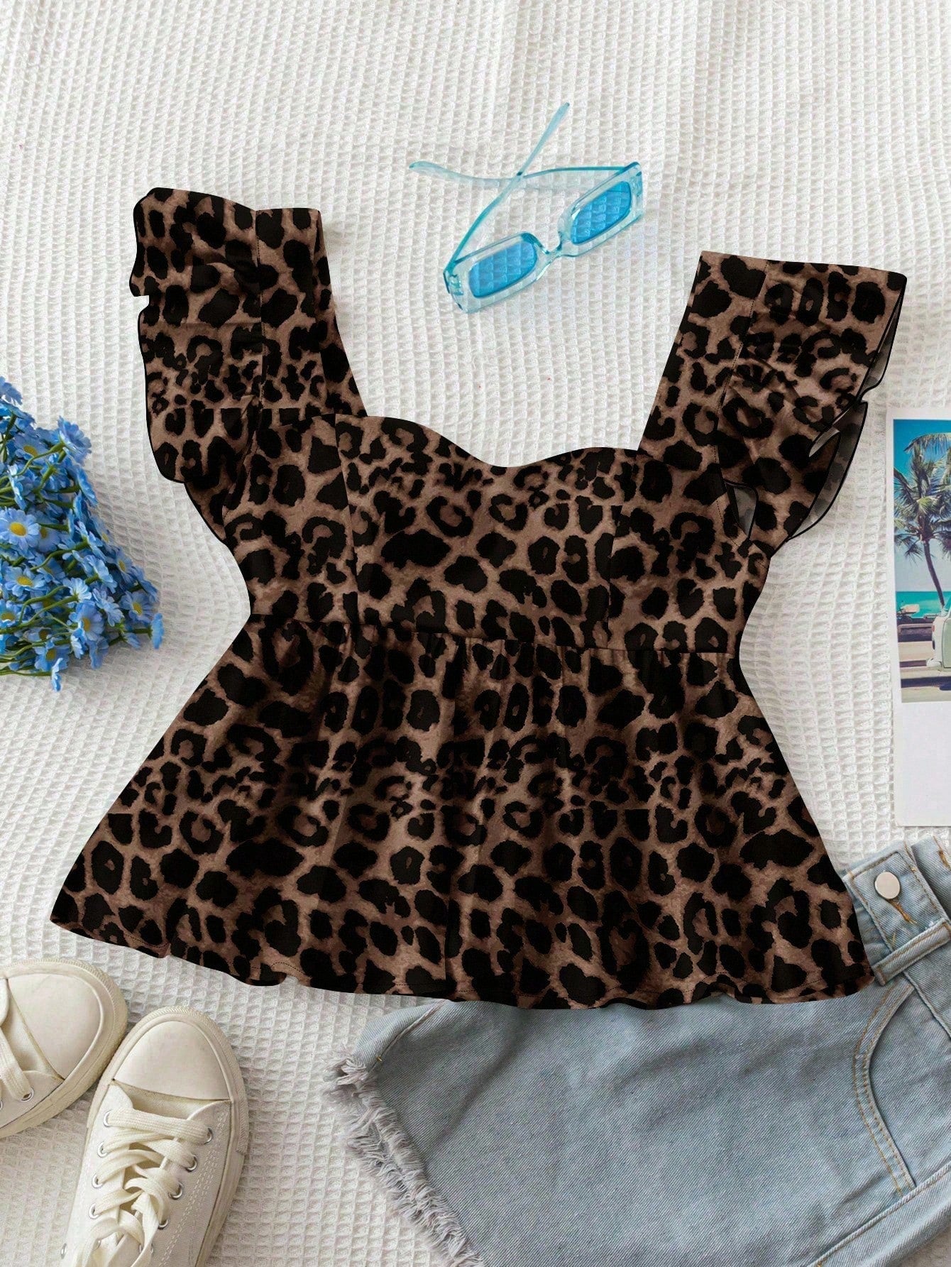 Soleia Leopard Print Women's Vacation Casual Square Neck Cap Sleeve Babydoll Sleeveless Blouse, Suitable For Summer Chic Blouses For Women