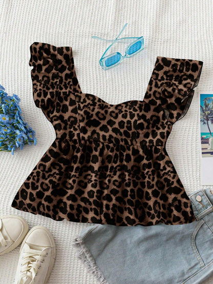 Soleia Leopard Print Women's Vacation Casual Square Neck Cap Sleeve Babydoll Sleeveless Blouse, Suitable For Summer Chic Blouses For Women