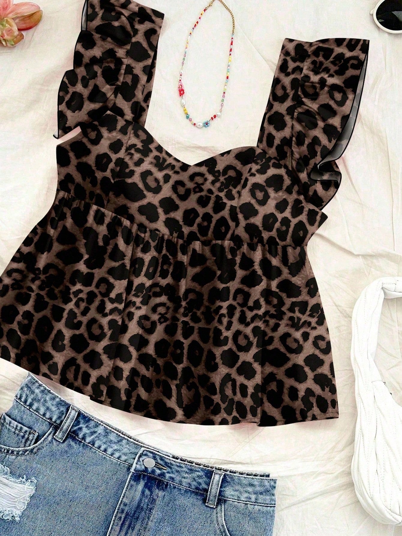 Soleia Leopard Print Women's Vacation Casual Square Neck Cap Sleeve Babydoll Sleeveless Blouse, Suitable For Summer Chic Blouses For Women