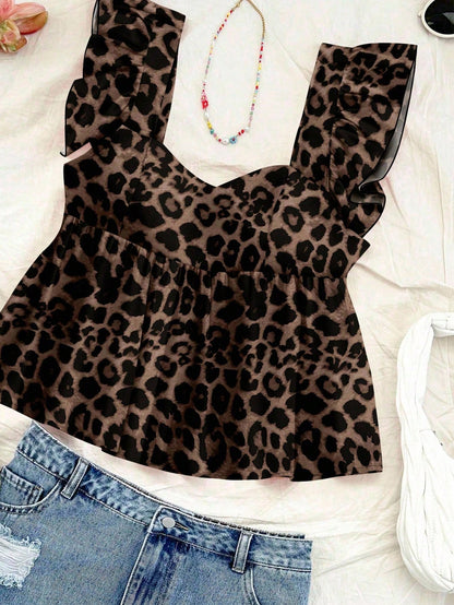 Soleia Leopard Print Women's Vacation Casual Square Neck Cap Sleeve Babydoll Sleeveless Blouse, Suitable For Summer Chic Blouses For Women