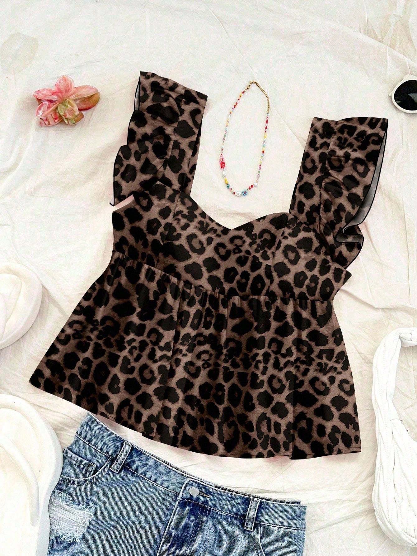 Soleia Leopard Print Women's Vacation Casual Square Neck Cap Sleeve Babydoll Sleeveless Blouse, Suitable For Summer Chic Blouses For Women