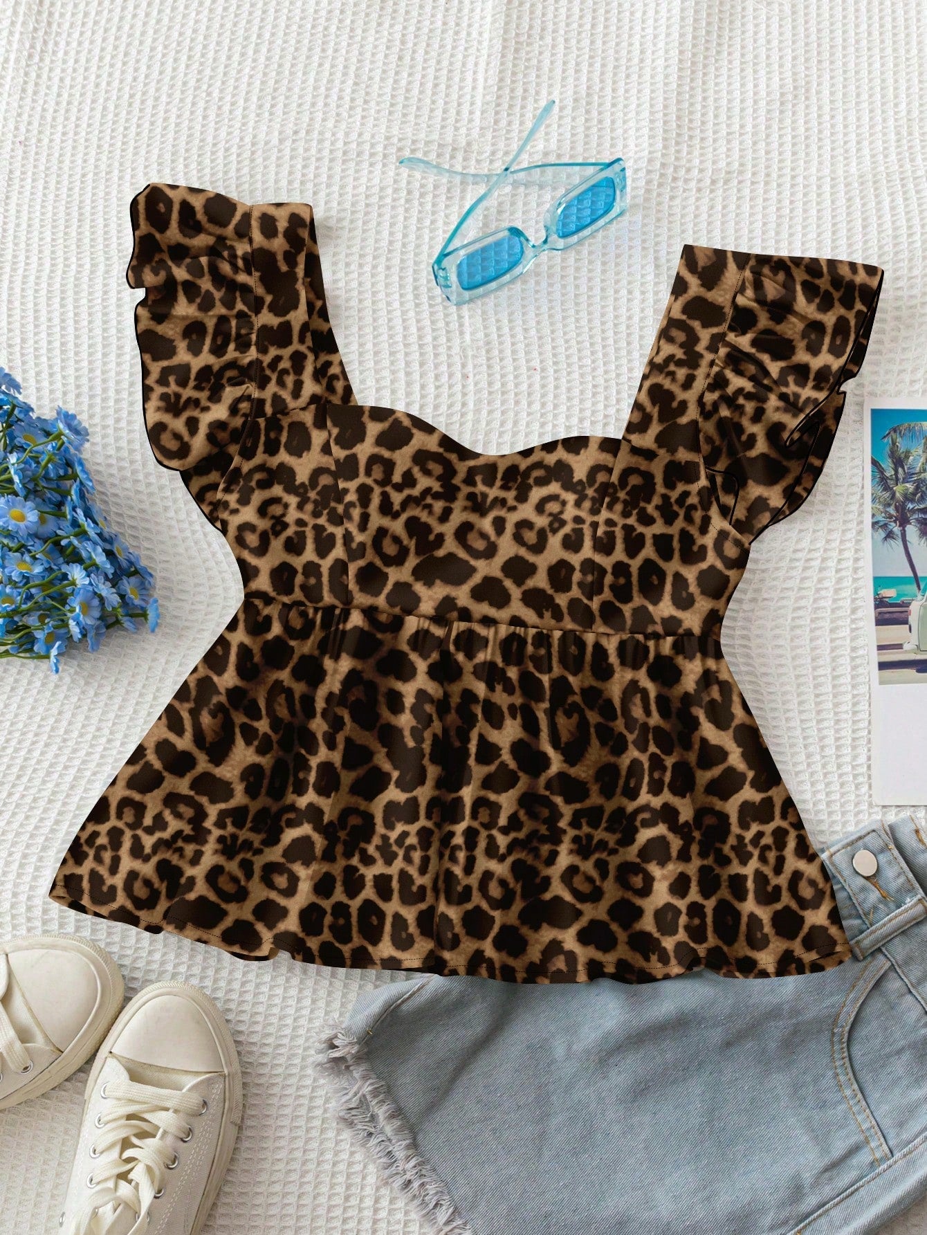 Soleia Leopard Print Women's Vacation Casual Square Neck Cap Sleeve Babydoll Sleeveless Blouse, Suitable For Summer Chic Blouses For Women