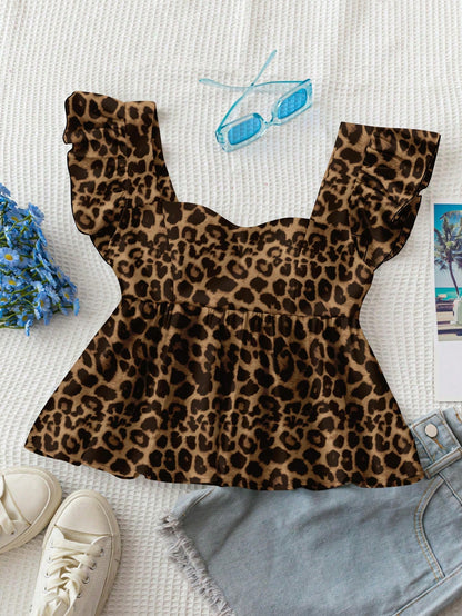 Soleia Leopard Print Women's Vacation Casual Square Neck Cap Sleeve Babydoll Sleeveless Blouse, Suitable For Summer Chic Blouses For Women