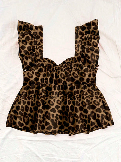Soleia Leopard Print Women's Vacation Casual Square Neck Cap Sleeve Babydoll Sleeveless Blouse, Suitable For Summer Chic Blouses For Women