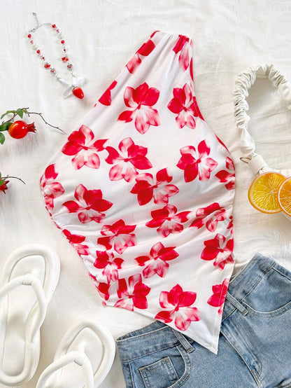 Soleia New Style Elegant Vacation One Shoulder Ruched Design Printed Knitted Vest Top For Women No Chest Padding