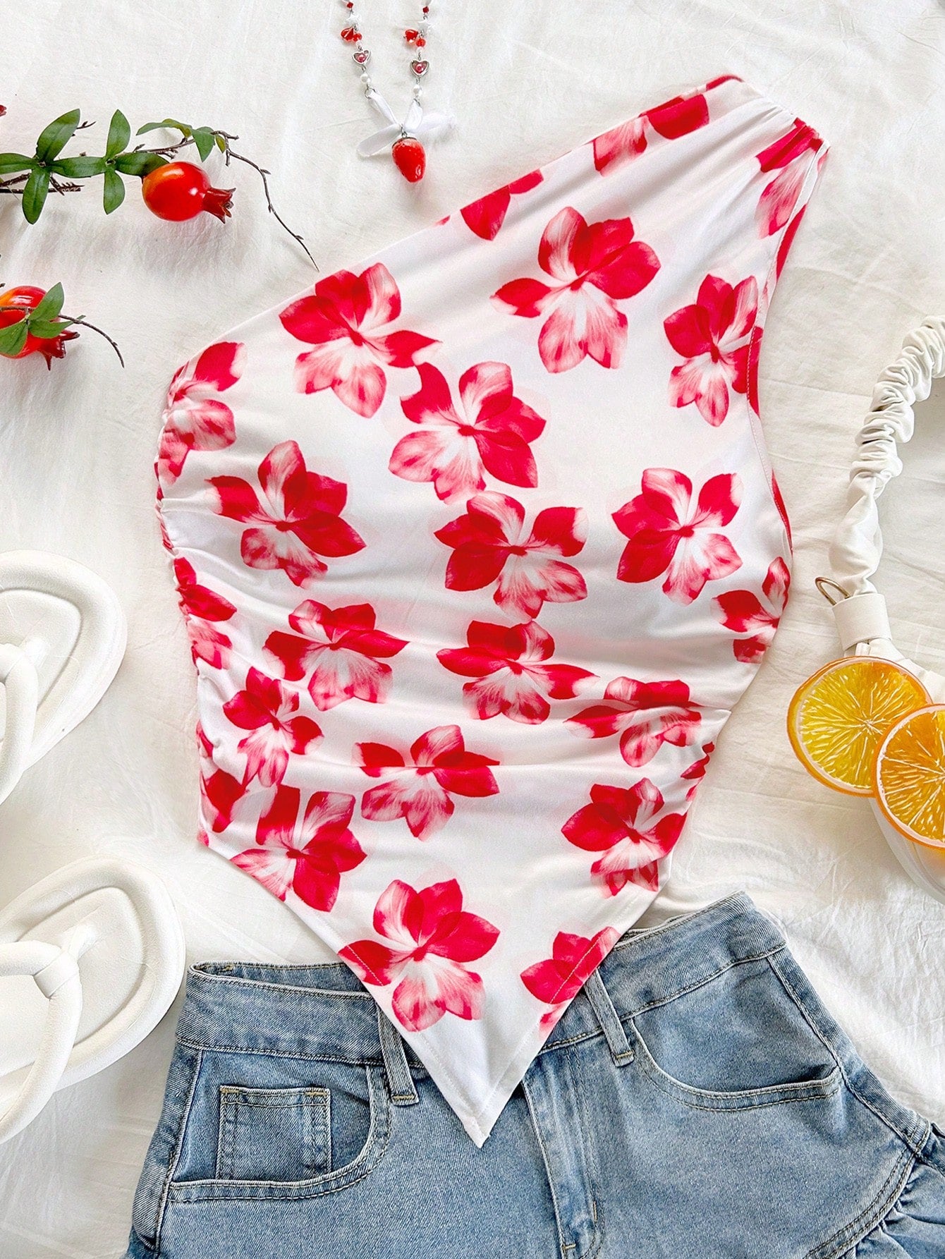 Soleia New Style Elegant Vacation One Shoulder Ruched Design Printed Knitted Vest Top For Women No Chest Padding
