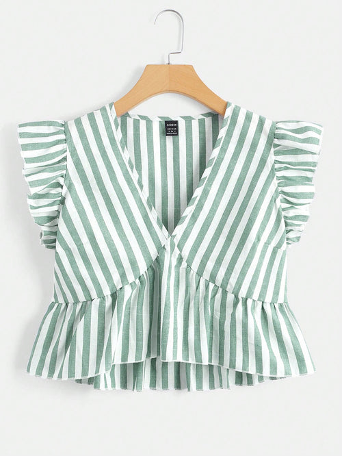 Soleia Striped V Neckline Shirt With Ruffle Hem