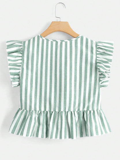 Soleia Striped V Neckline Shirt With Ruffle Hem