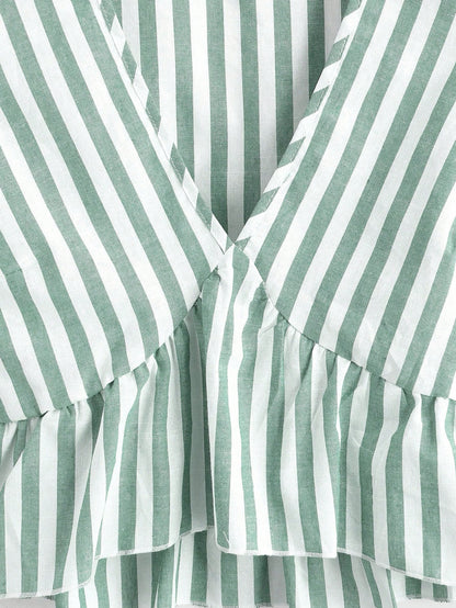 Soleia Striped V Neckline Shirt With Ruffle Hem