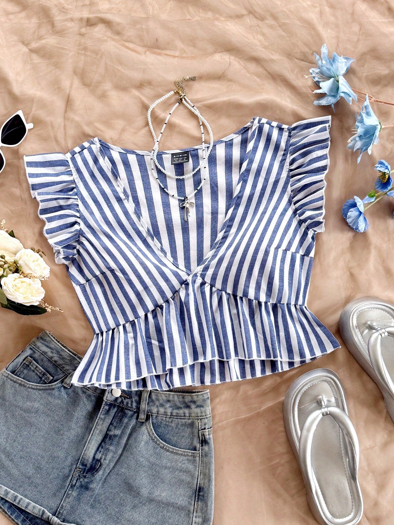 Soleia Striped V Neckline Shirt With Ruffle Hem
