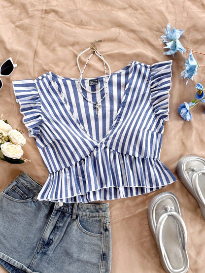 Soleia Striped V Neckline Shirt With Ruffle Hem