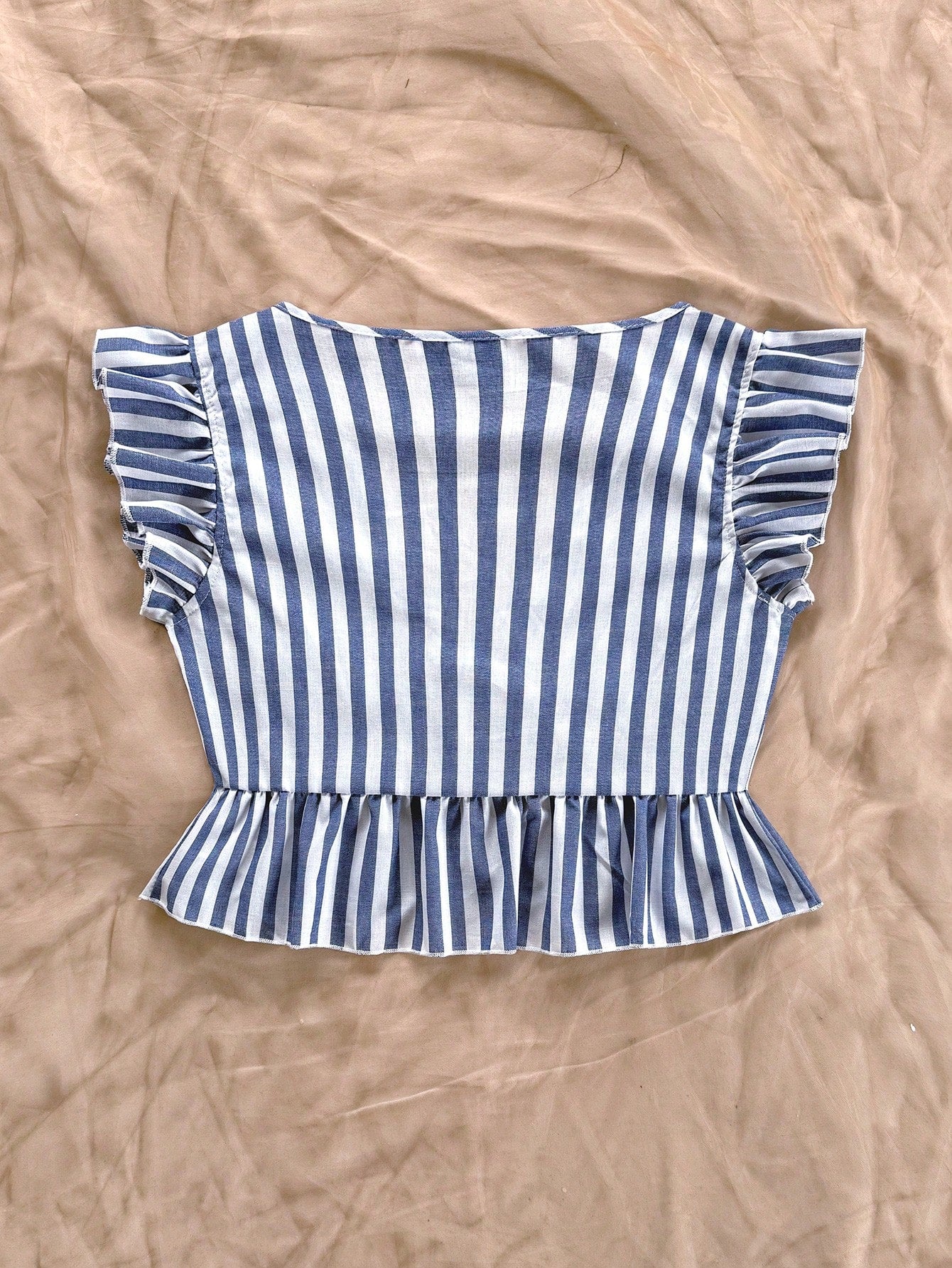 Soleia Striped V Neckline Shirt With Ruffle Hem