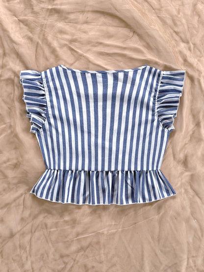 Soleia Striped V Neckline Shirt With Ruffle Hem
