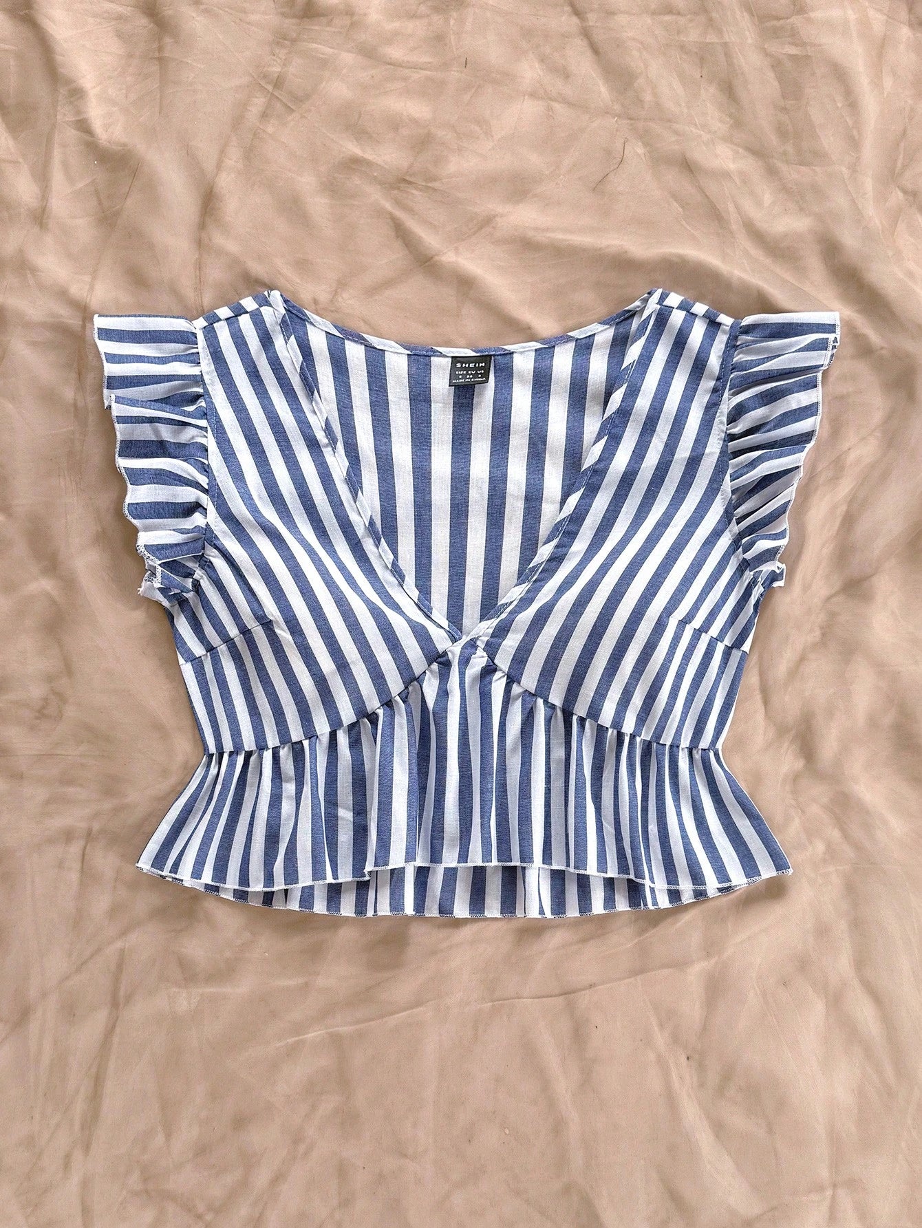 Soleia Striped V Neckline Shirt With Ruffle Hem