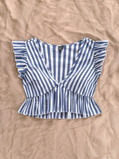 Soleia Striped V Neckline Shirt With Ruffle Hem