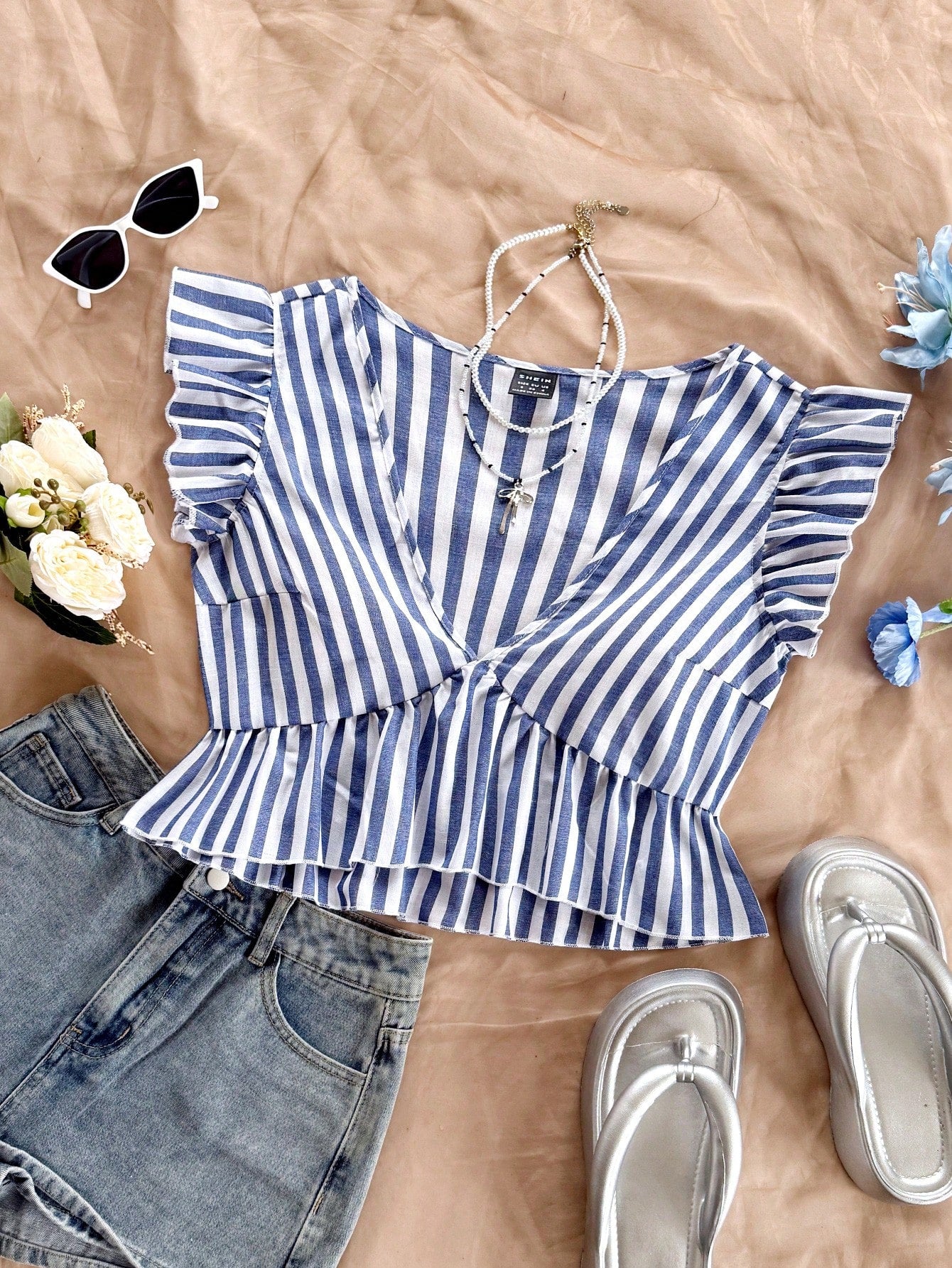 Soleia Striped V Neckline Shirt With Ruffle Hem