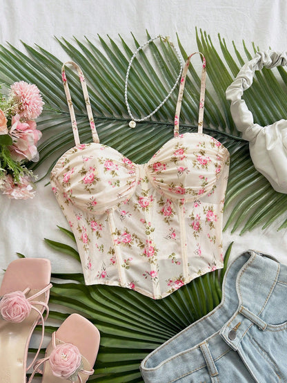 Soleia Vacation For Women Going Out Spring Break Vacation For Women Women's Floral Print Ruched Camisole Top, Vacation Style No Chest Padding