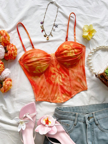 Soleia Vacation For Women Going Out Spring Break Vacation For Women Women's Floral Print Ruched Camisole Top, Vacation Style No Chest Padding