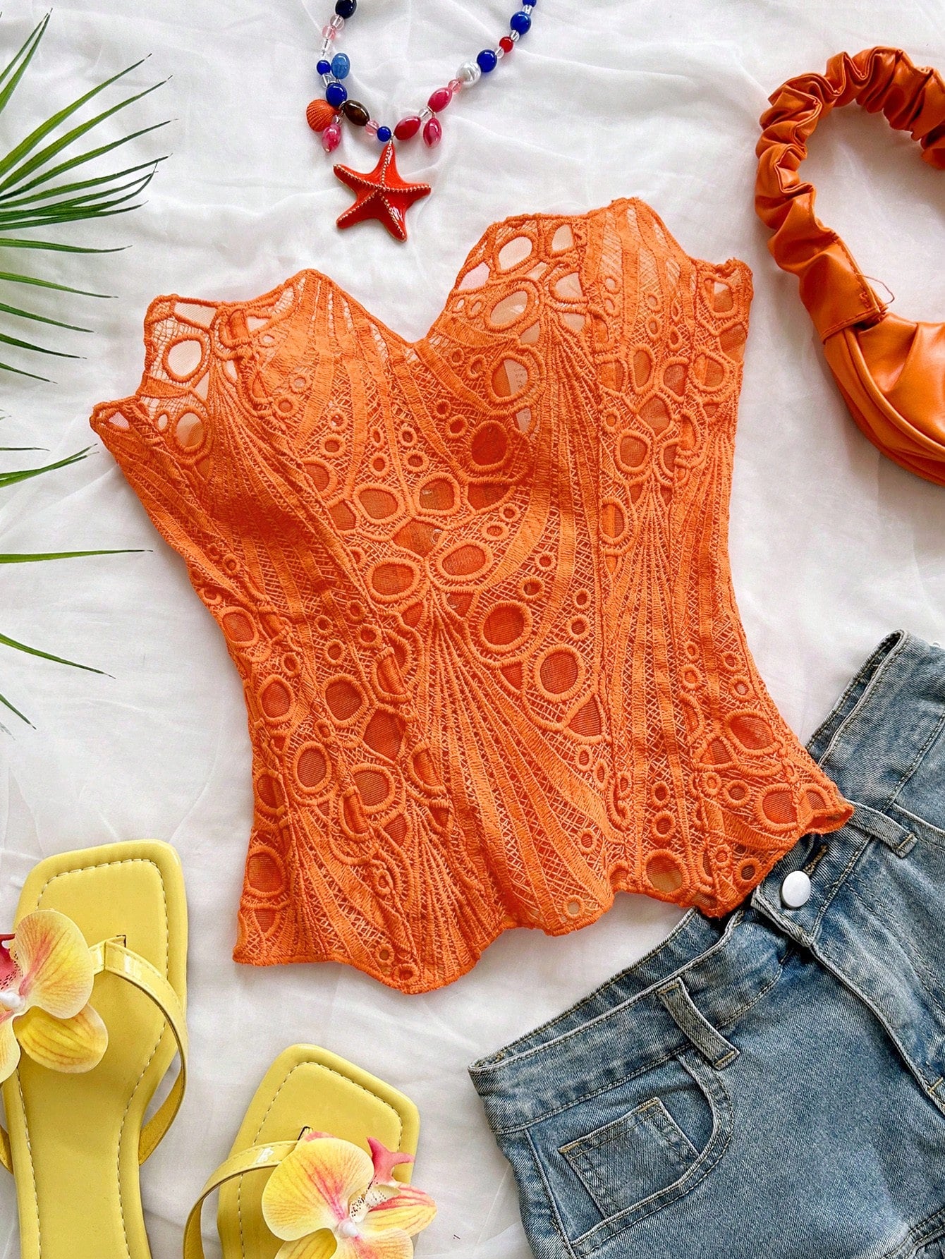 Soleia Women's Bandeau Lace Corset Bustier Top, Hollow Embroidered, Burnt Orange, Summer, Boho, Holiday, Vacation, Holiday Nightclub Outfits