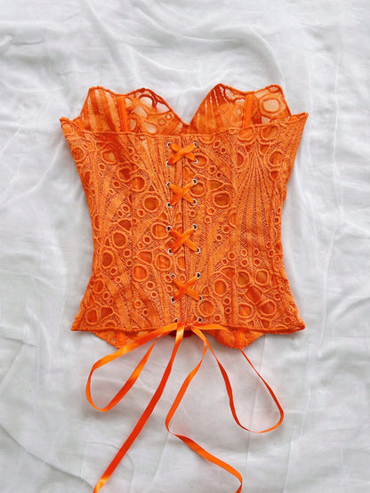 Soleia Women's Bandeau Lace Corset Bustier Top, Hollow Embroidered, Burnt Orange, Summer, Boho, Holiday, Vacation, Holiday Nightclub Outfits