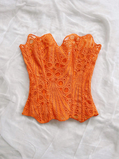 Soleia Women's Bandeau Lace Corset Bustier Top, Hollow Embroidered, Burnt Orange, Summer, Boho, Holiday, Vacation, Holiday Nightclub Outfits