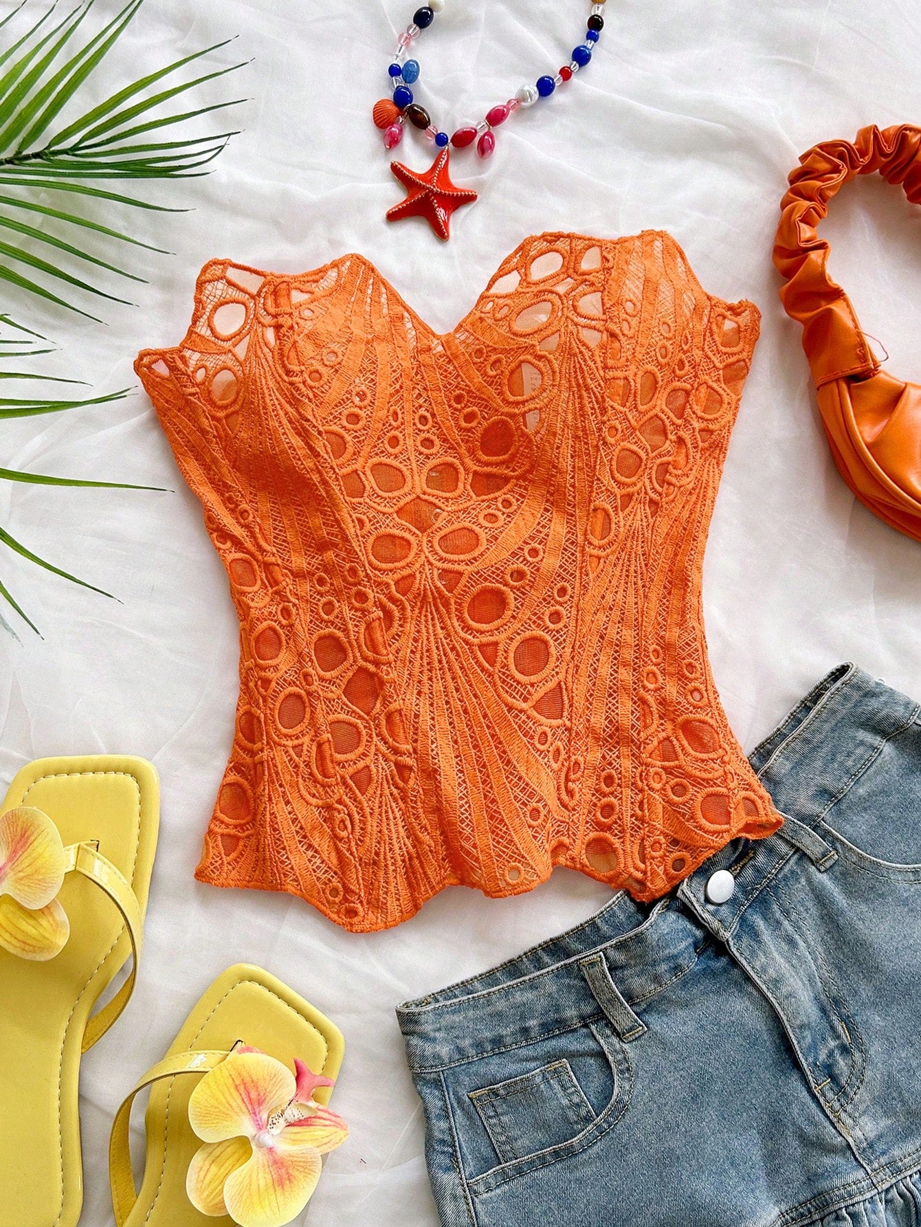 Soleia Women's Bandeau Lace Corset Bustier Top, Hollow Embroidered, Burnt Orange, Summer, Boho, Holiday, Vacation, Holiday Nightclub Outfits