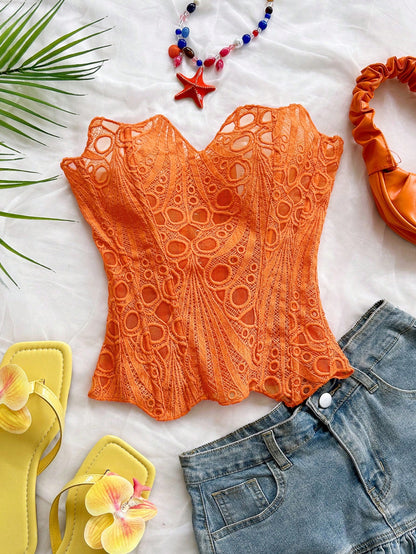 Soleia Women's Bandeau Lace Corset Bustier Top, Hollow Embroidered, Burnt Orange, Summer, Boho, Holiday, Vacation, Holiday Nightclub Outfits