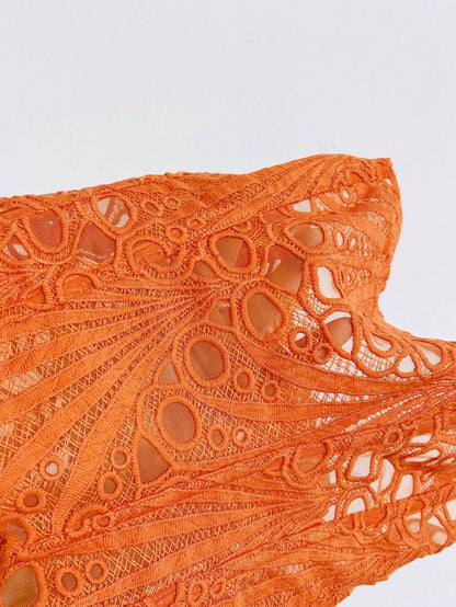 Soleia Women's Bandeau Lace Corset Bustier Top, Hollow Embroidered, Burnt Orange, Summer, Boho, Holiday, Vacation, Holiday Nightclub Outfits
