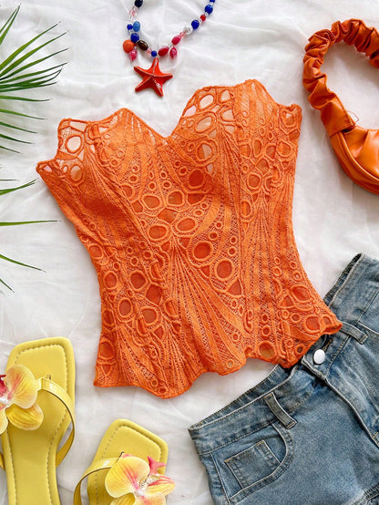 Soleia Women's Bandeau Lace Corset Bustier Top, Hollow Embroidered, Burnt Orange, Summer, Boho, Holiday, Vacation, Holiday Nightclub Outfits