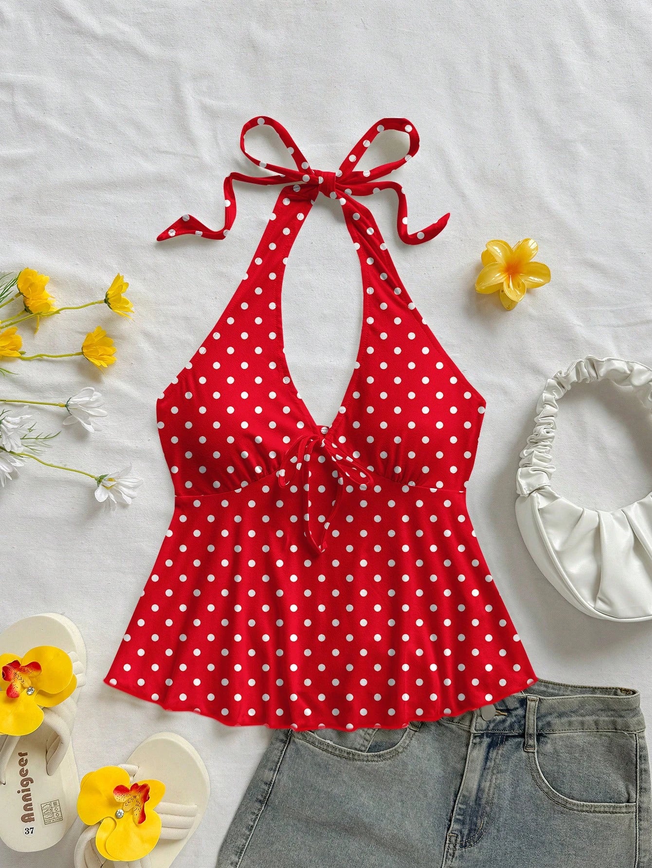 Soleia Women's Casual Vacation V-Neck Bow Tie Halter Backless Babydoll Top, Suitable For Summer Vacation,Summer Top