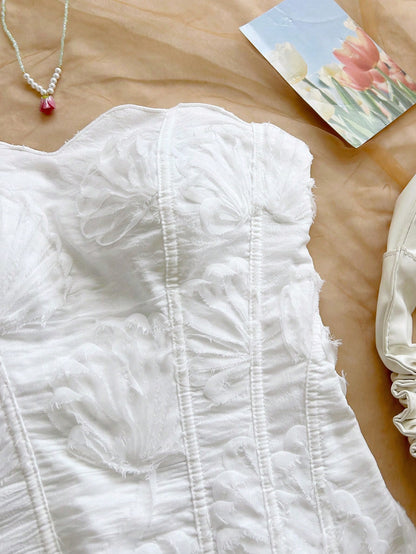 Soleia Women's Elegant White Lace Bandeau Corset Bustier Top, Hollow Embroidered, Summer Vacation Nightclub Outfits, Wedding Guest,No Breast Pads