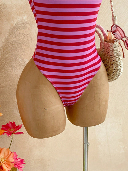 Soleia Women's Fashion Resort Beach Striped Contrast Color One-Piece Swimsuit
