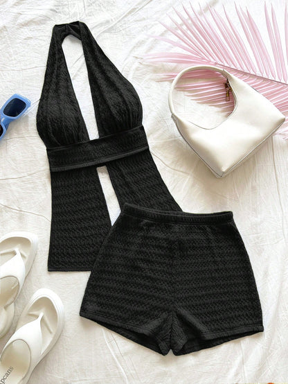Soleia Women's Fashion Vacation Halter Top & Shorts 2 Pieces Set No Chest Padding