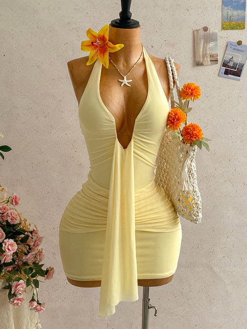 Soleia Women's Pale Yellow Halter Mini Dress,Deep V-Neck Ruched Bow Tie Summer Casual Sundress,Perfect For Holiday,Vacation,Beach,Party,No Chest Padding