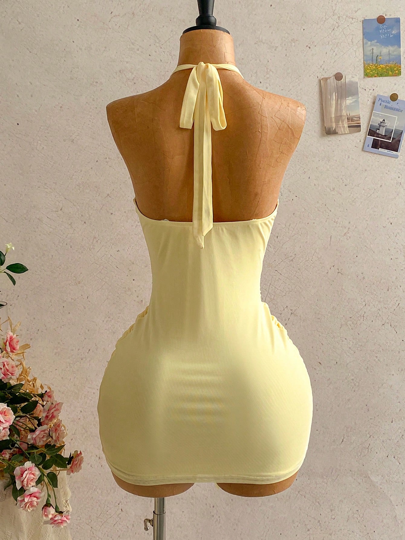 Soleia Women's Pale Yellow Halter Mini Dress,Deep V-Neck Ruched Bow Tie Summer Casual Sundress,Perfect For Holiday,Vacation,Beach,Party,No Chest Padding