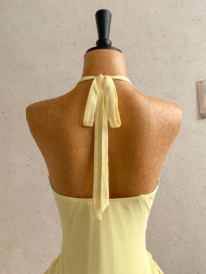 Soleia Women's Pale Yellow Halter Mini Dress,Deep V-Neck Ruched Bow Tie Summer Casual Sundress,Perfect For Holiday,Vacation,Beach,Party,No Chest Padding