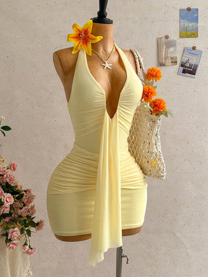 Soleia Women's Pale Yellow Halter Mini Dress,Deep V-Neck Ruched Bow Tie Summer Casual Sundress,Perfect For Holiday,Vacation,Beach,Party,No Chest Padding