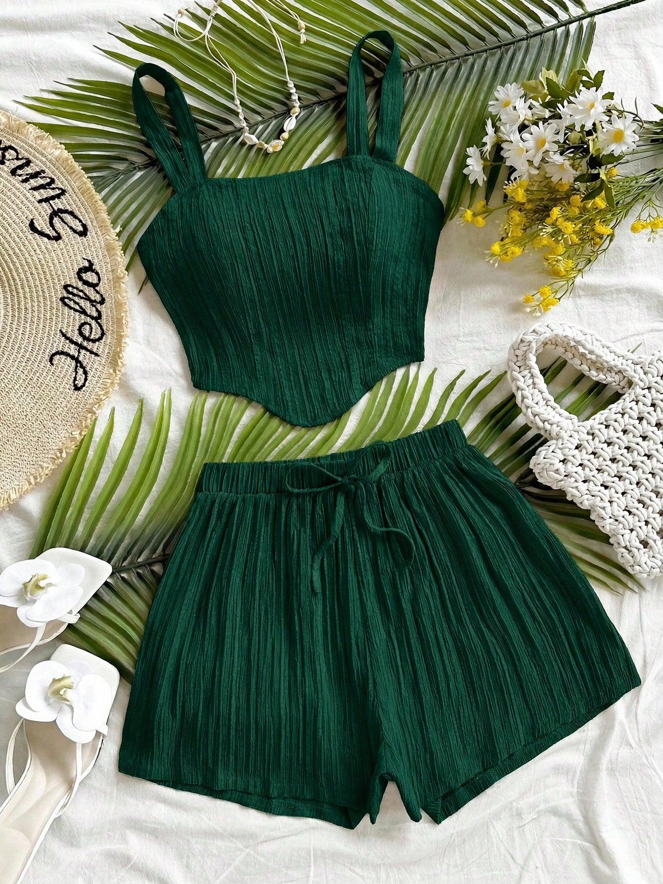 Soleia Women's Solid Color Camisole Top And Shorts Casual Tropical Boho 2 Pieces Vacation Set Beach Dark Green Summer No Chest Padding