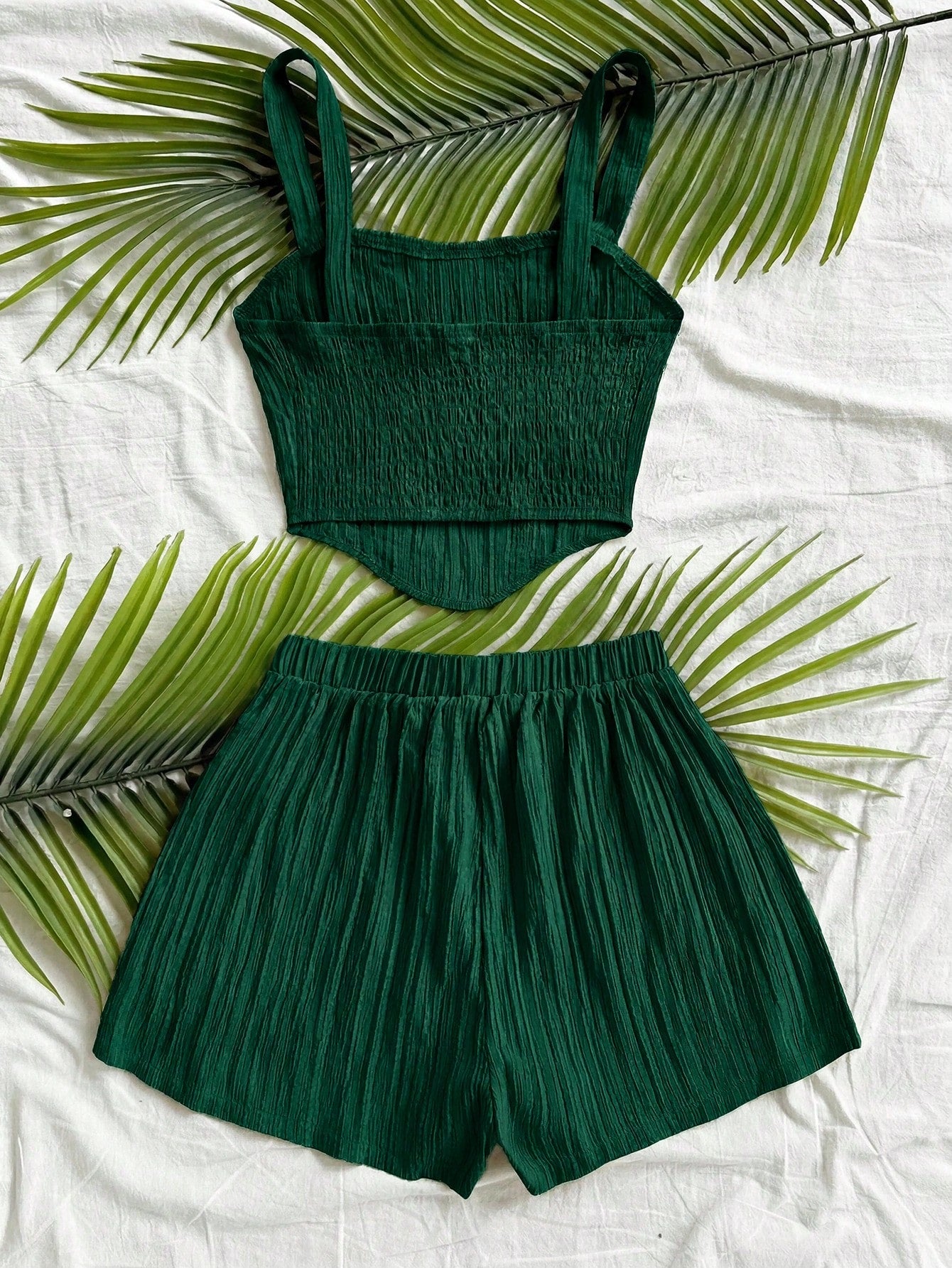 Soleia Women's Solid Color Camisole Top And Shorts Casual Tropical Boho 2 Pieces Vacation Set Beach Dark Green Summer No Chest Padding