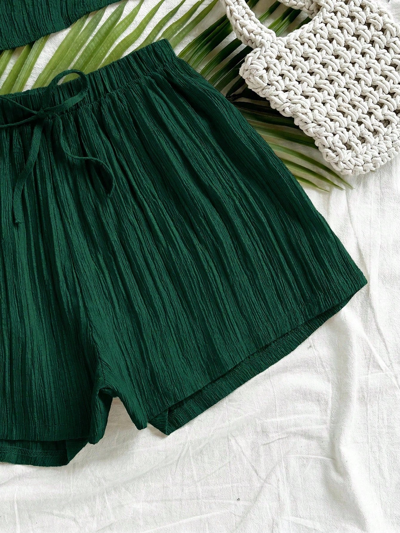 Soleia Women's Solid Color Camisole Top And Shorts Casual Tropical Boho 2 Pieces Vacation Set Beach Dark Green Summer No Chest Padding