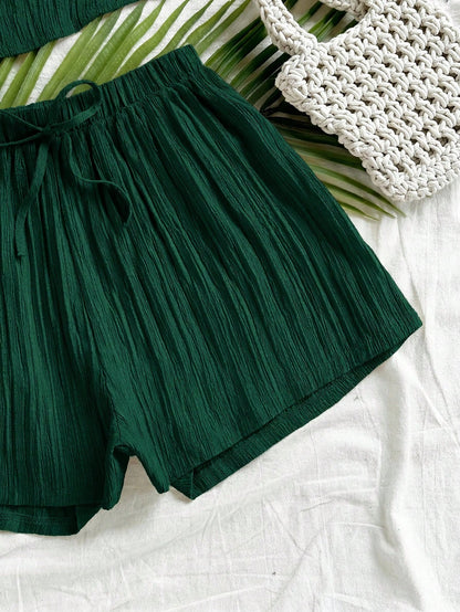 Soleia Women's Solid Color Camisole Top And Shorts Casual Tropical Boho 2 Pieces Vacation Set Beach Dark Green Summer No Chest Padding