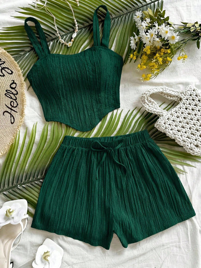 Soleia Women's Solid Color Camisole Top And Shorts Casual Tropical Boho 2 Pieces Vacation Set Beach Dark Green Summer No Chest Padding